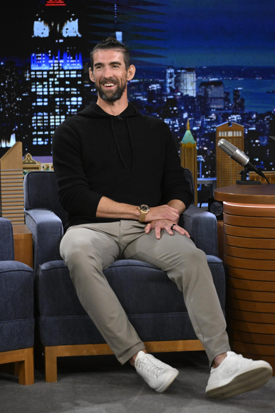 THE TONIGHT SHOW STARRING JIMMY FALLON -- Episode 1970 -- Pictured: Swimmer Michael Phelps during an interview on Thursday, May 9, 2024 -- (Photo by: Todd Owyoung/NBC via Getty Images)