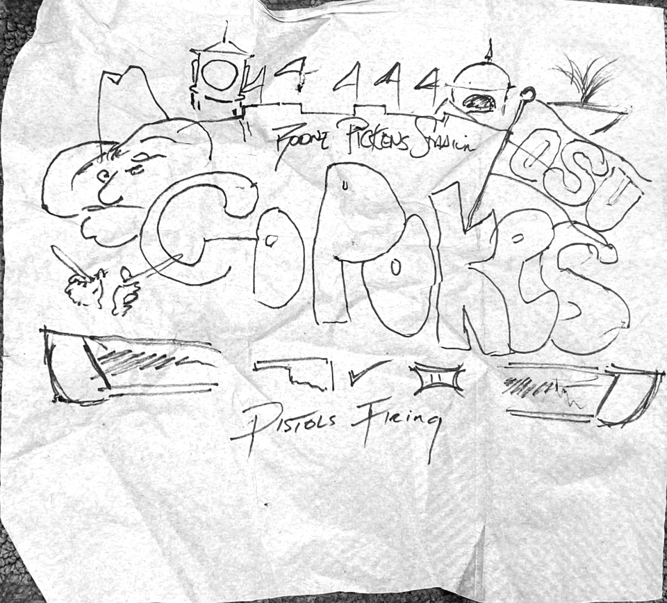 A picture of the napkin featuring the design of Oklahoma State's graffiti art mural inside Boone Pickens Stadium. OSU's director of football creative services Chris Deal drew the image.