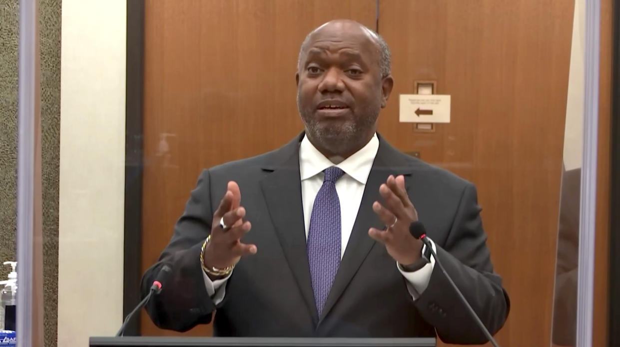 Prosecution attorney Jerry Blackwell questions a witness during the Derek Chauvin trial in Minneapolis, MN on April 14, 2021. (Court TV via Reuters Video)