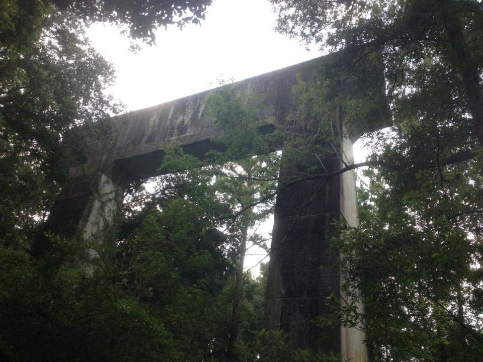 One of the concrete pylons located in the median of U.S. 27/301/441 at Santos. It was intended to support a bridge over the Atlantic-Gulf Ship Canal, an ancestor of the Cross-Florida Barge Canal that was halted in the 1930s.