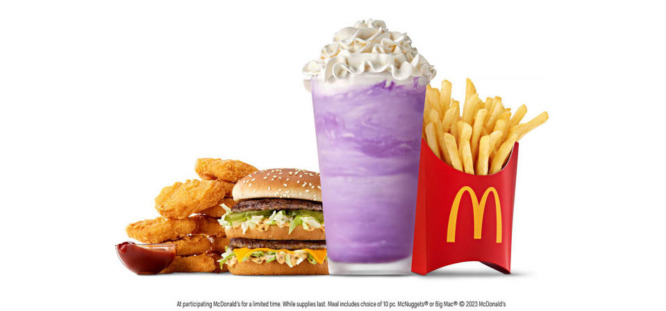 The Grimace Birthday Meal, complete with new purple shake. (Courtesy McDonald's)