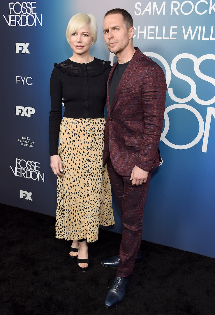 Michelle Williams proved leopard print isn't going anywhere this season in a £119 Whistles midi skirt that we're already saving up for. <em>[Photo: Getty]</em>