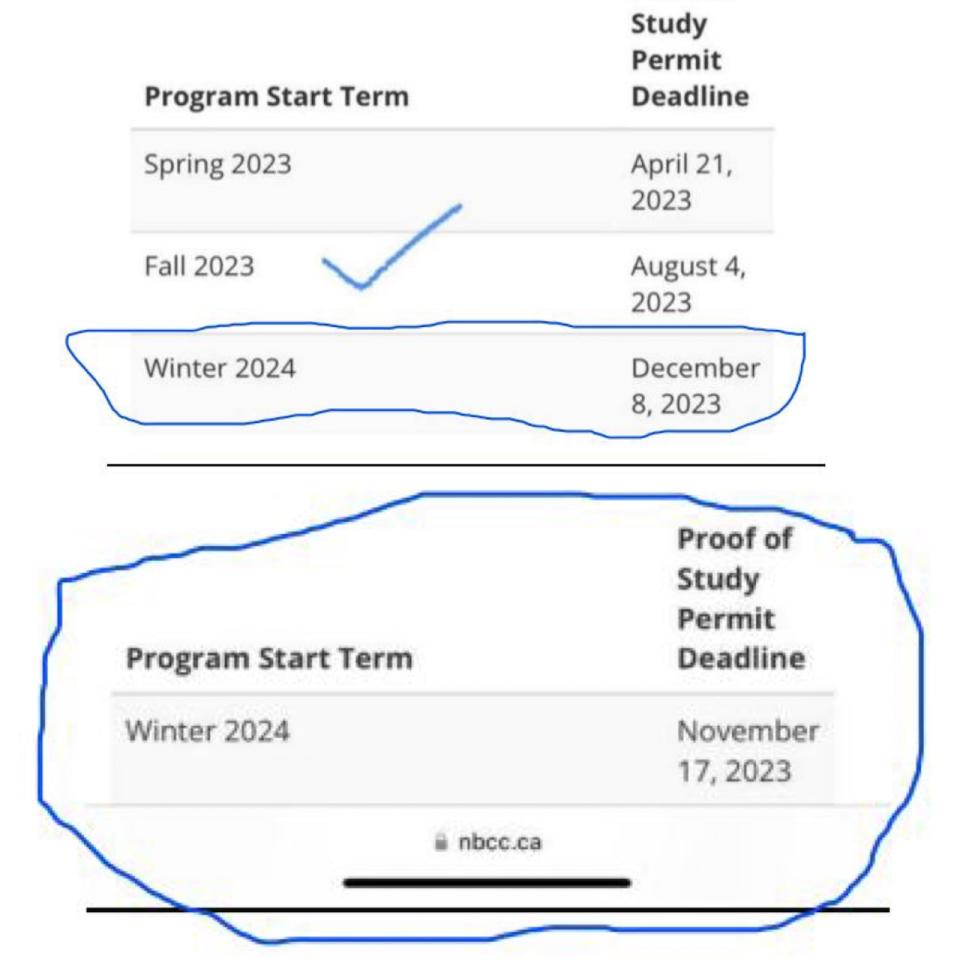 Two screenshots from the NBCC website sent to CBC News by affected students. The top shows the original deadline of Dec. 8, while the bottom shows the revised deadline of Nov. 17.