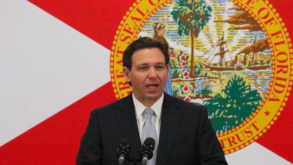 Gov. Ron DeSantis announced plans to reform public universities by banning critical race theory and diversity, equity and inclusion programs and investing millions of dollars in Sarasota’s New College. He made his remarks at the Bradenton campus of State College of Florida on Jan. 31, 2023.