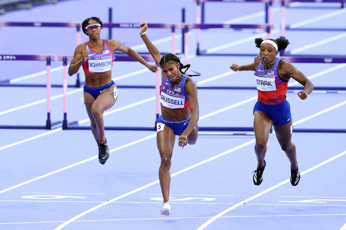 USA’s Masai Russell edges France’s Cyrena Samba-Mayela to win Olympic gold in 100-meter hurdles photo finish