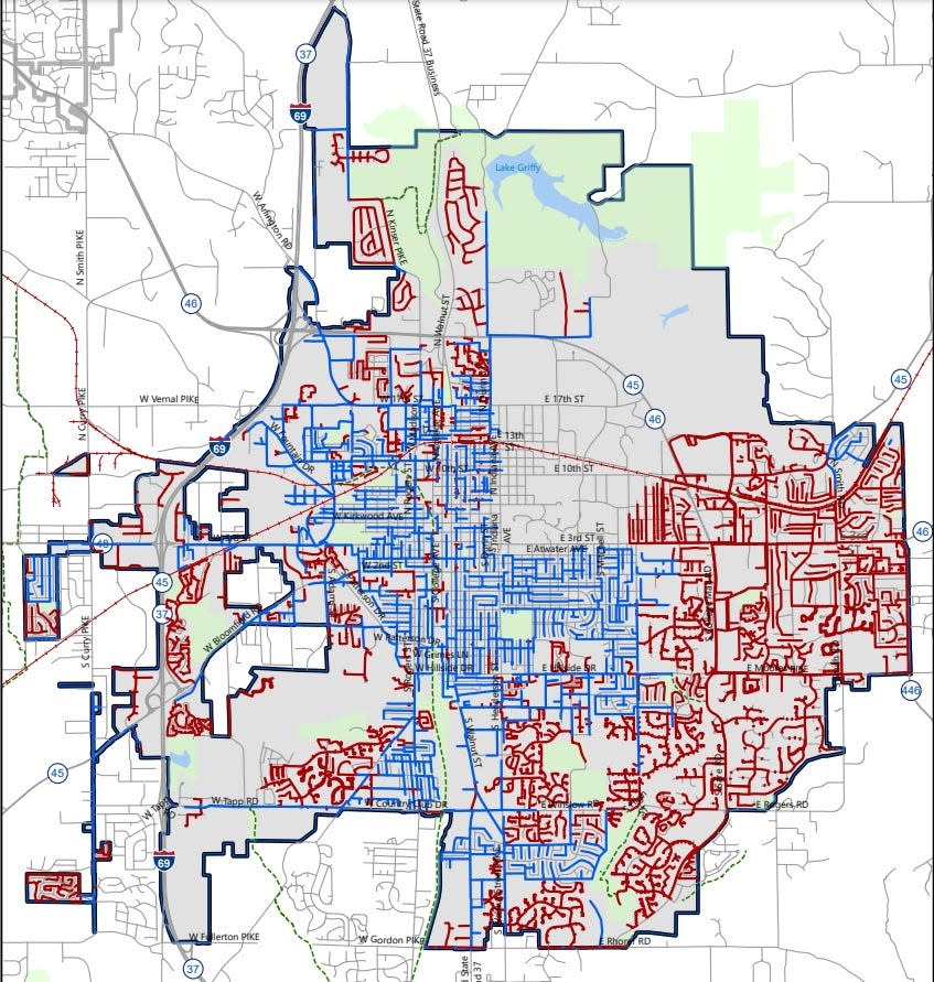 Meridiam's proposed broadband network in Bloomington. Areas in blue will get above-ground fiber, while infrastructure will be buried in areas show in red.