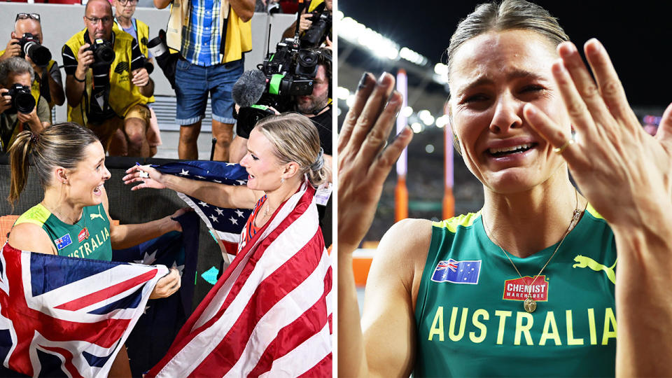 Nina Kennedy and Katie Moon embracing and Kennedy crying after winning.