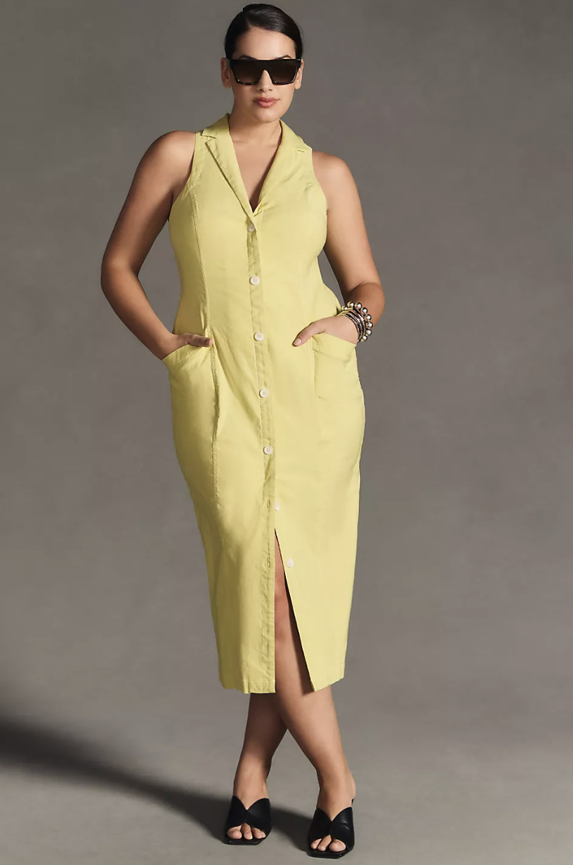 model in light yellow dress By Anthropologie Sleeveless Shirt Dress (photo via Anthropologie)