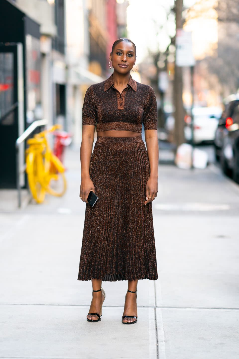 6) Shimmery Crop Top and Pleated Skirt