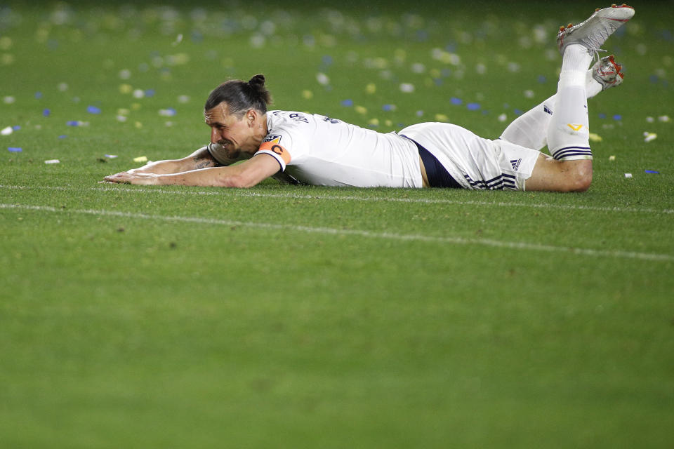 CARSON, CALIFORNIA - MARCH 02: Zlatan Ibrahimovic #9 of Los Angeles Galaxy falls during the game against the Chicago Fire at Dignity Health Sports Park on March 02, 2019 in Carson, California. (Photo by Meg Oliphant/Getty Images)