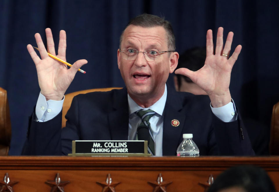 House Judiciary Committee ranking member Rep. Doug Collins, R-Ga., speaks as the House Judiciary Committee hears investigative findings in the impeachment inquiry of President Donald Trump, Monday, Dec. 9, 2019, on Capitol Hill in Washington. (Jonathan Ernst/Pool via AP)
