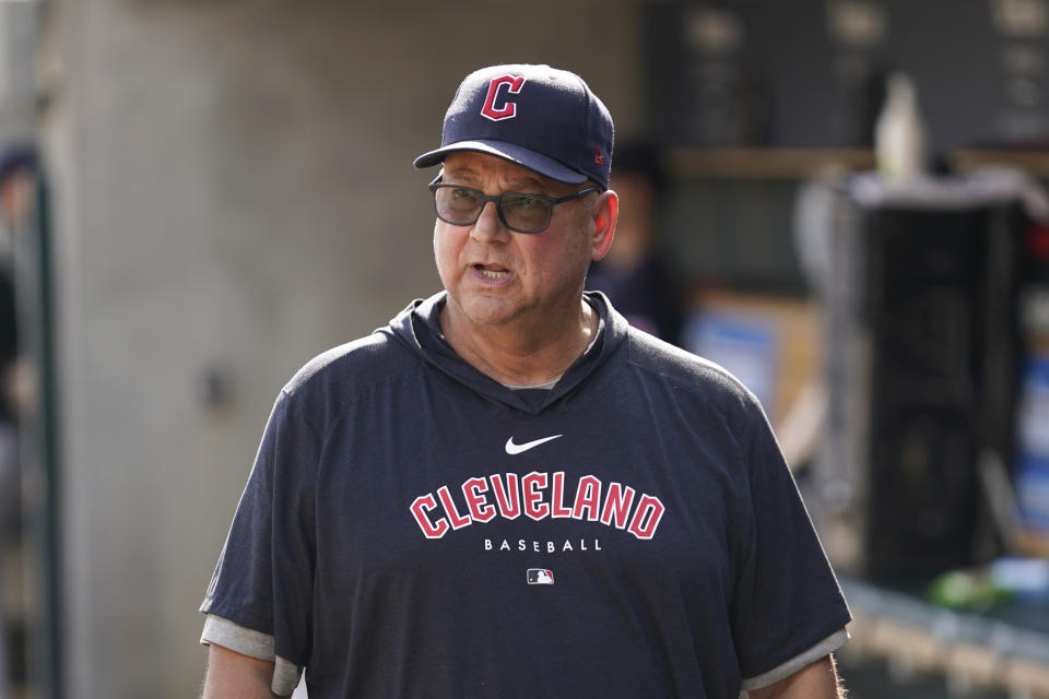 Cleveland Guardians manager Terry Francona looks on before the first inning of a baseball game against the Detroit Tigers, Sunday, Oct. 1, 2023, in Detroit. (AP Photo/Paul Sancya)