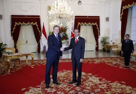 Britain's Prime Minister David Cameron (L) shakes hands with Indonesia's President Joko Widodo at the Presidential Palace in Jakarta, Indonesia, July 27, 2015. REUTERS/Darren Whiteside