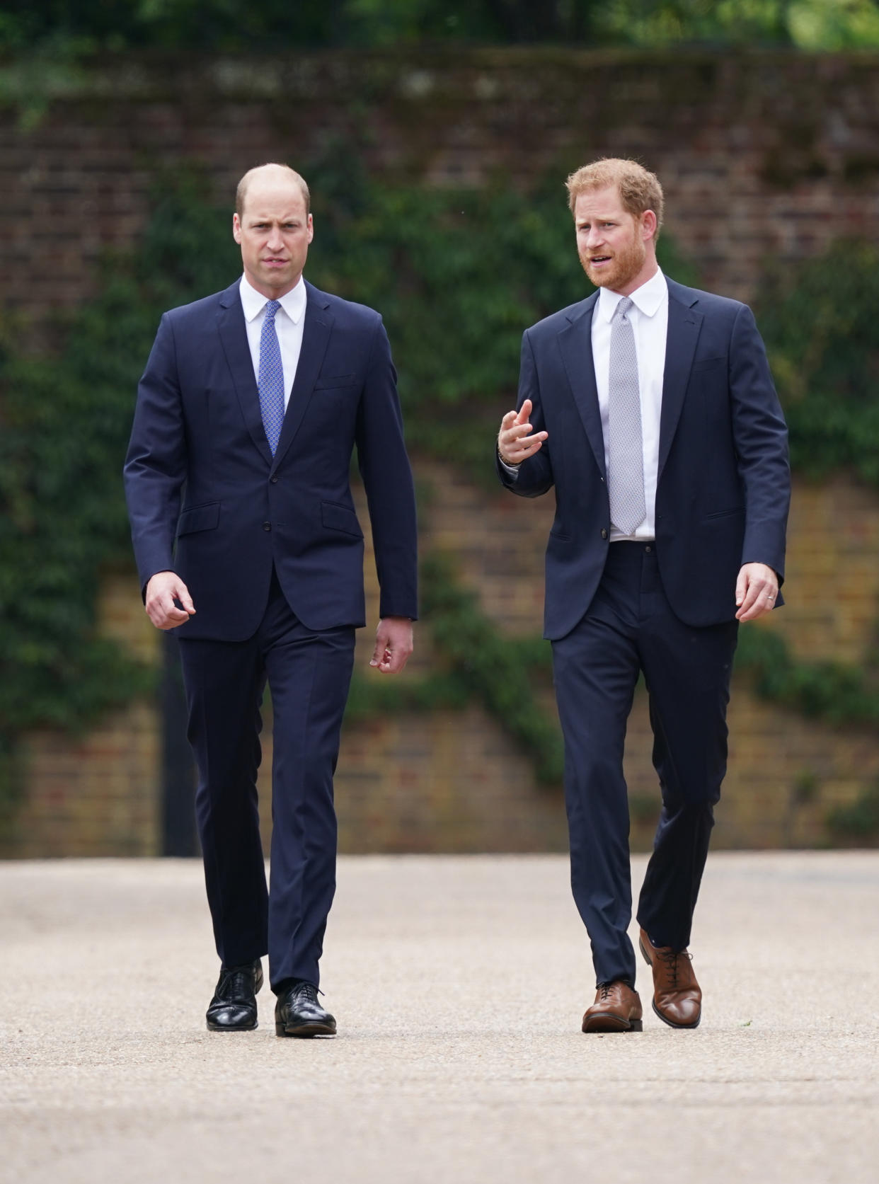 The Duke of Cambridge and Duke of Sussex arrive for the unveiling of a statue they commissioned of their mother Diana, Princess of Wales in the Sunken Garden at Kensington Palace, London, on what would have been her 60th birthday. Picture date: Thursday July 1, 2021.