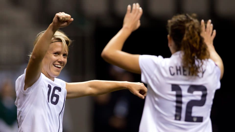 Lori Lindsey, left, celebrates scoring her goal against Guatemala with teammate Lauren Cheney during a CONCACAF women's Olympic qualifying game on January, 2012. - Darryl Dyck/The Canadian Press/AP