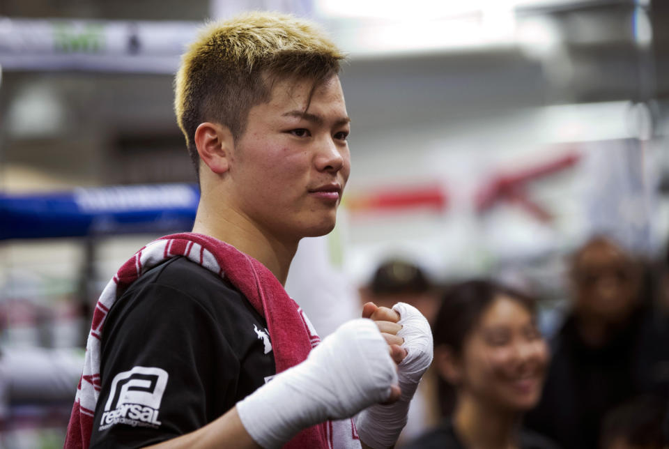Kickboxer Tenshin Nasukawa, of Japan, poses in the Mayweather Boxing Club in Las Vegas, Thursday, Dec. 6, 2018. Nasukawa is scheduled to face Floyd Mayweather Jr. in a three-round exhibition match in Japan on New Year's Eve. (Steve Marcus/Las Vegas Sun via AP)