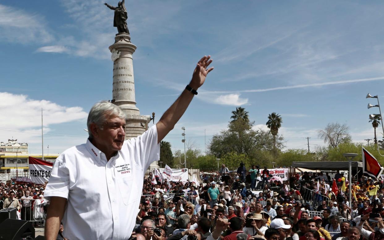 Andres Manuel Lopez Obrador, launching his campaign in Ciudad Juarez on April 1. Winning over the sceptical northern border states has been a key priority for the Leftist leader, ahead of Sunday's election - AP