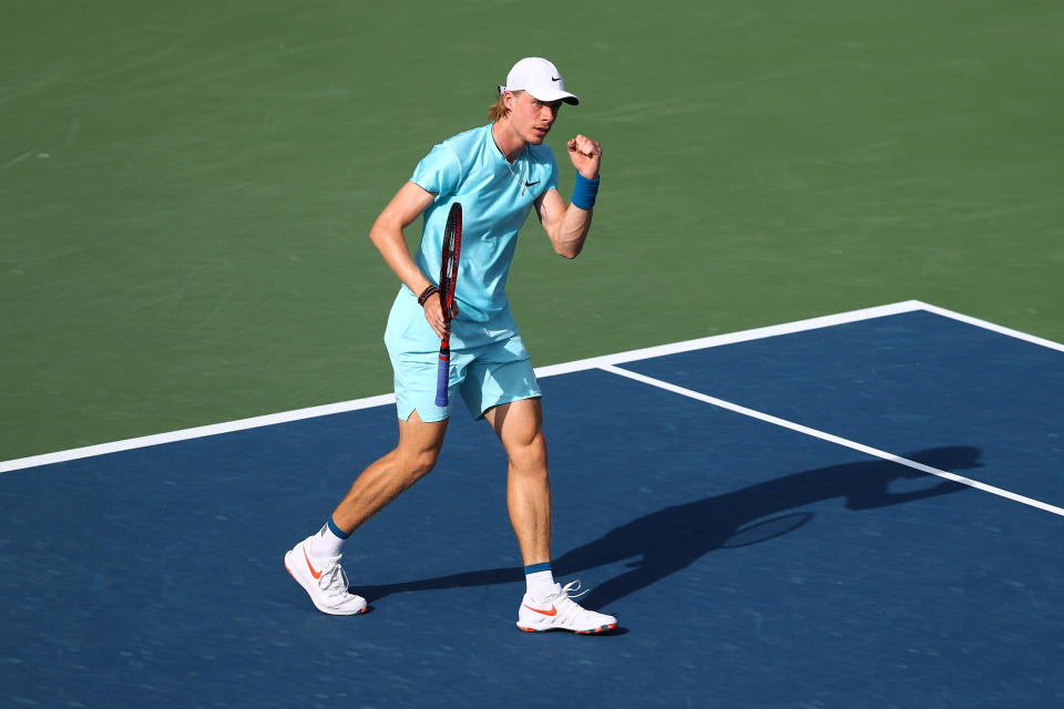 Denis Shapovalov celebrates a point in his Quarter-Final singles match against Jeremy Chardy of France during Day Twelve of the Dubai Duty Free Tennis Championships at Dubai Duty Free Tennis Stadium on March 18, 2021 in Dubai, United Arab Emirates.