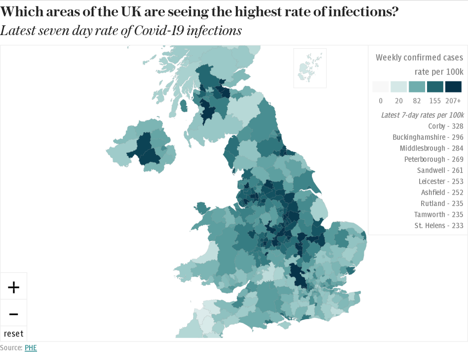 Map of UK's seven-day Covid-19 infection rate, by local authority