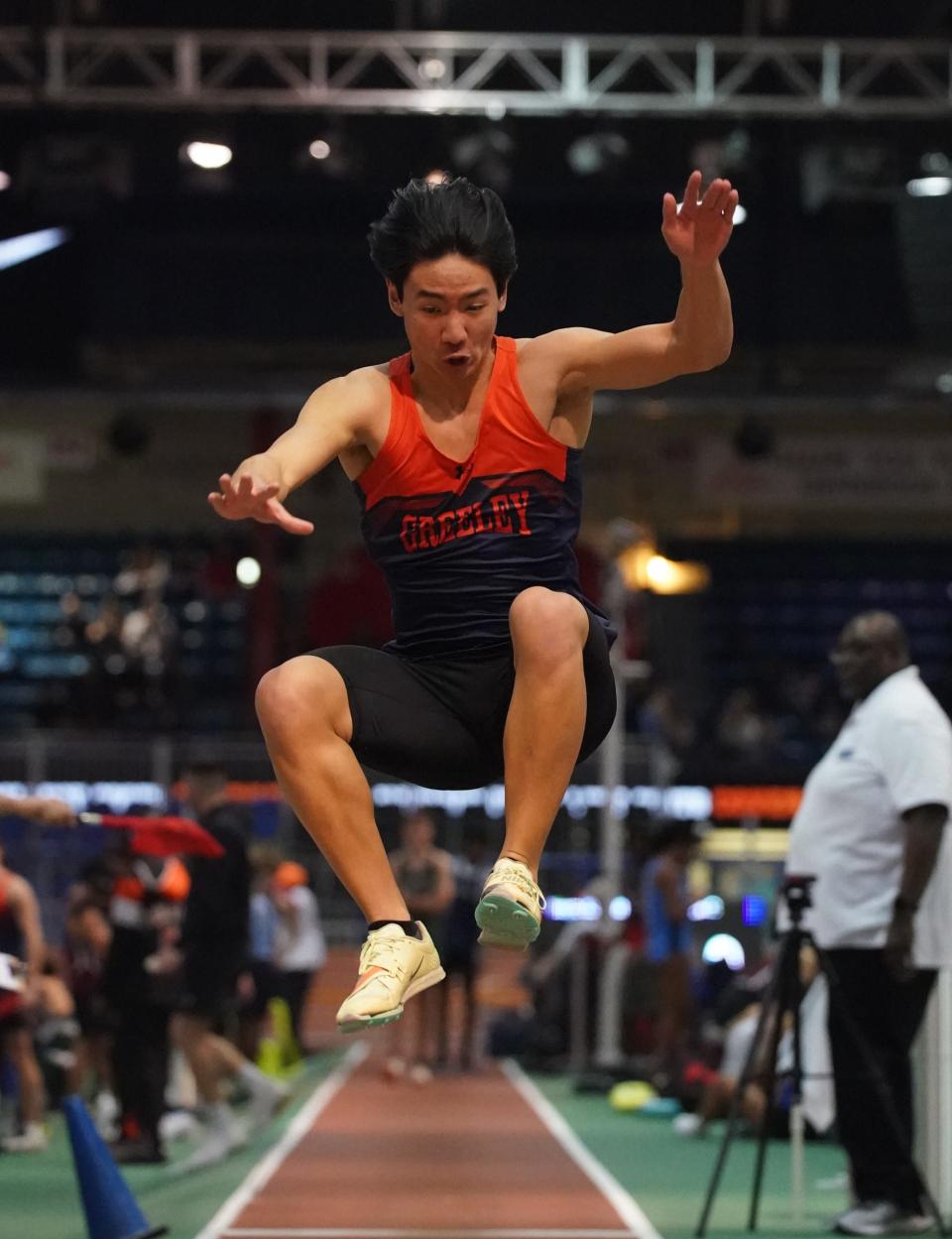 Horace Greeley's Ben Ho competes in the triple-jump at the Section 1 Class A & C track and field championships held at The Armory Track & Field Center in New York.  Wednesday, February 8, 2023. 