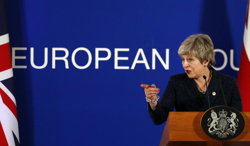 British Prime Minister Theresa May speaks during a media conference at an EU summit in Brussels, Friday, March 22, 2019. Worn down by three years of indecision in London, EU leaders on Thursday were grudgingly leaning toward giving the U.K. more time to ease itself out of the bloc. (AP Photo/Frank Augstein)