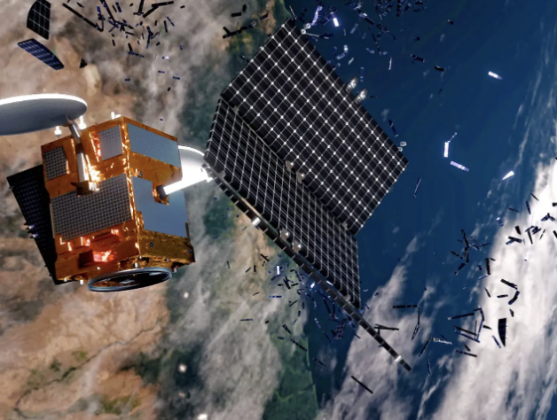 Eine Illustration eines Satelliten, der über der Erde zerbricht. - Copyright: ESA/ID&Sense/ONiRiXEL, CC BY-SA 3.0 IGO