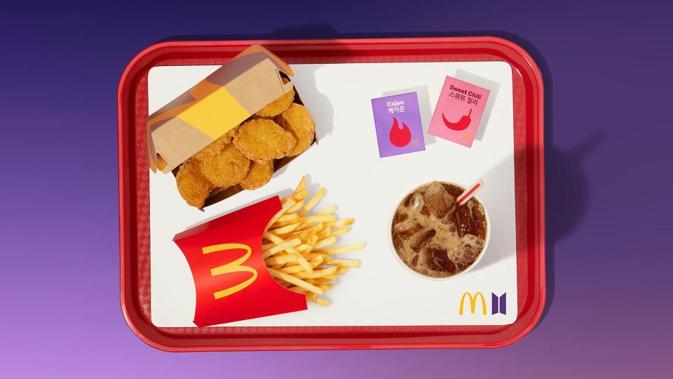 The McDonald's BTS meal featuring a 10-piece chicken McNuggets, medium fries, medium Coke, and sweet chili and Cajun dipping sauces is available at participating U.S. restaurants nationwide.