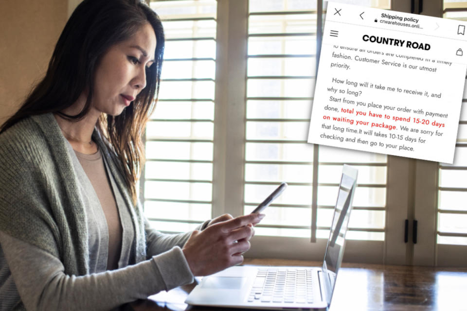 A woman using her phone while sitting at a laptop, with a snippet of the Country Road scam inset.