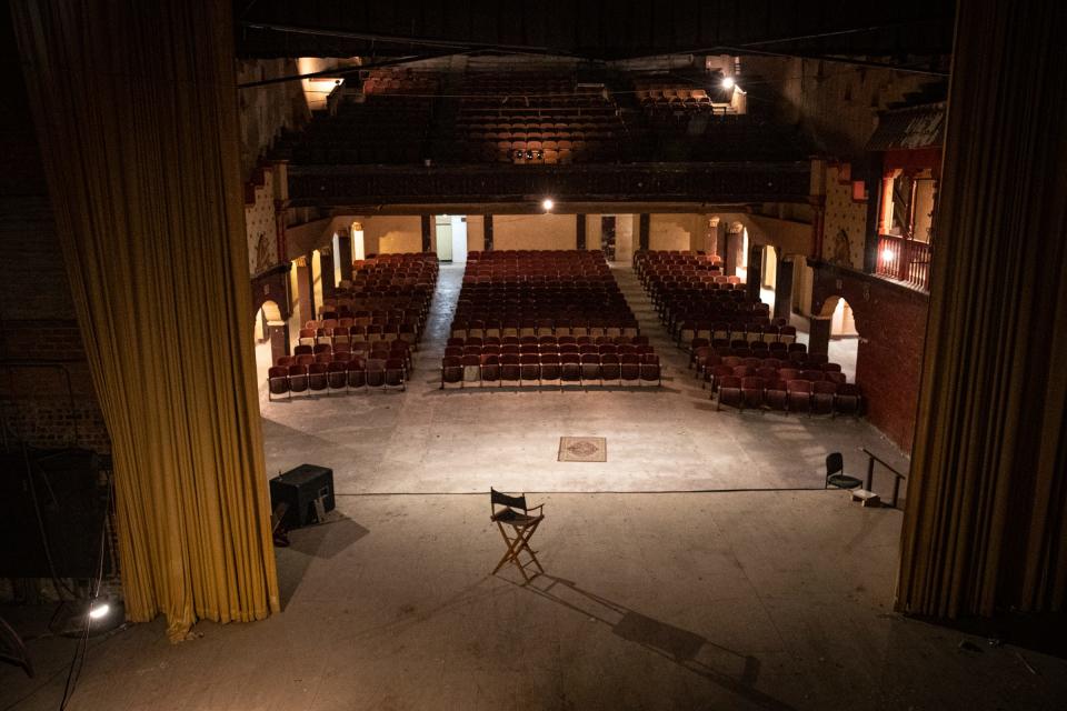 A director's chair faces out towards seating on stage at the historic Ritz Theatre on Wednesday, Feb. 1, 2023, in Corpus Christi, Texas.