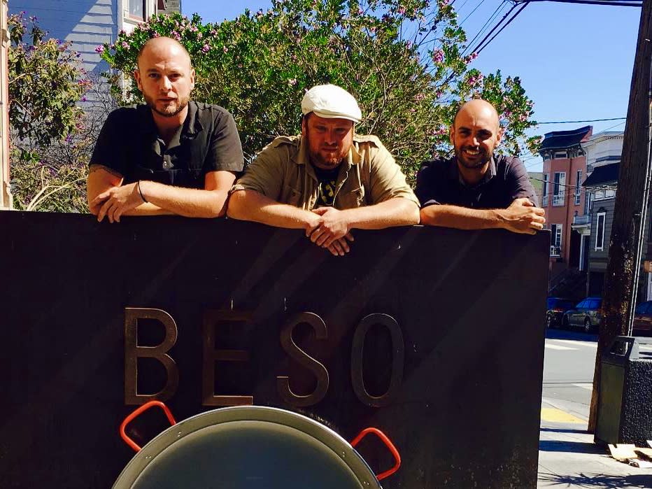 Owners Nick Ronan (center) and Damien Chabaud-Arnault (right) outside Beso.