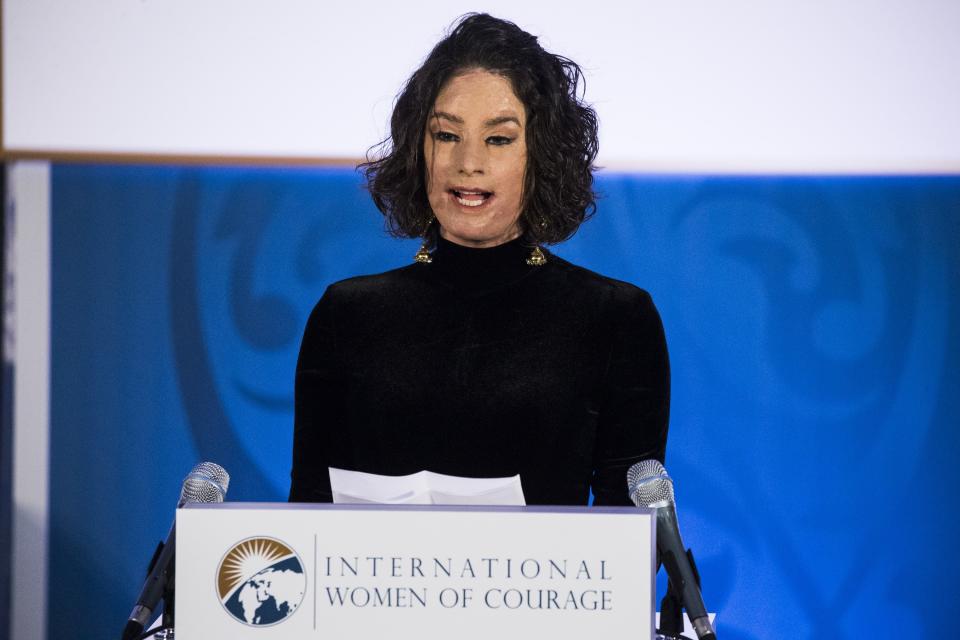 WASHINGTON, USA - MARCH 29: Natalia Ponce de Leon, a survivor of an acid attack and advocate for victims rights from Colombia, speaks after receiving a fellowship award from First Lady Melania Trump and the U.S. Department of State during the 2017 International Womens Awards in Washington, United States on March 29, 2017. (Photo by Samuel Corum/Anadolu Agency/Getty Images)