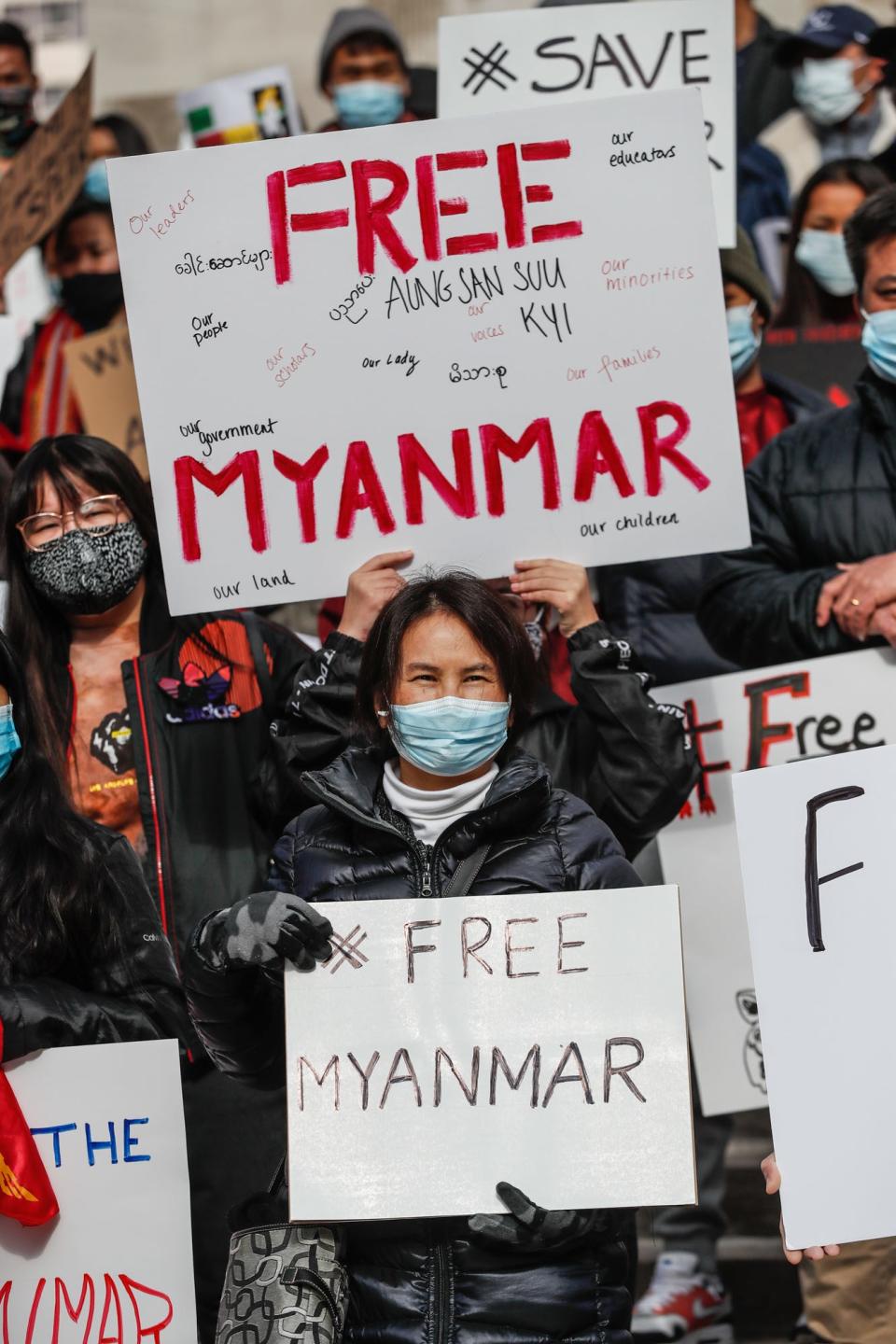 Members of the Indianapolis Burmese community called for rejection of the military coup in Myanmar during a 2021 protest on Monument Circle in downtown Indianapolis.