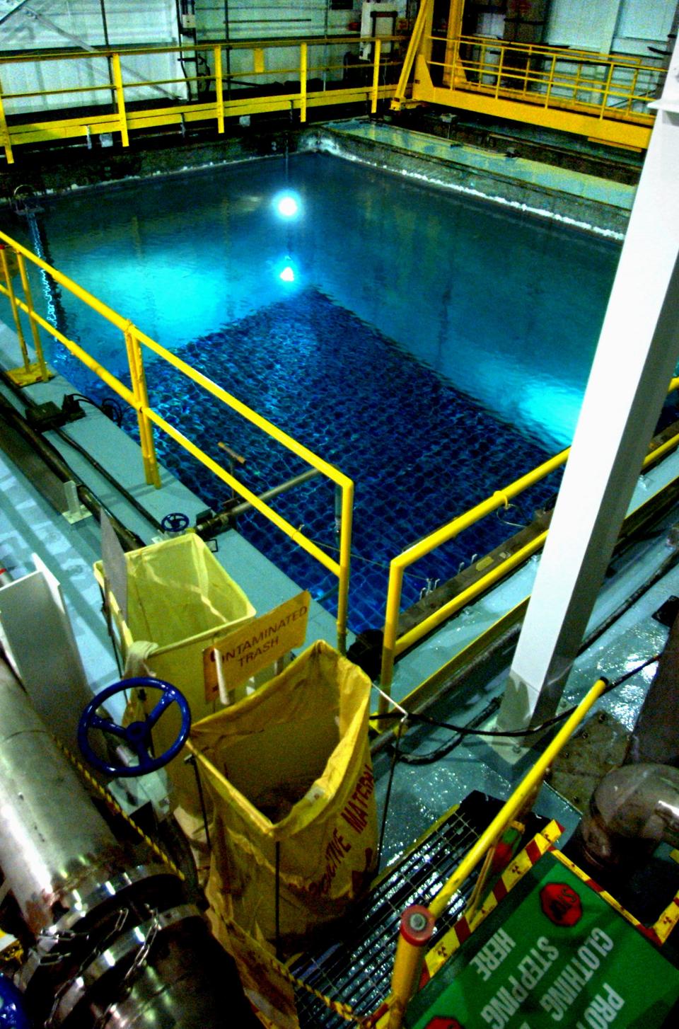 A spent fuel pool at the Indian Point nuclear plant in Buchanan, N.Y. shows uranium rods submerged in 23 feet of water. The stored rods came out of the nuclear reactor. 