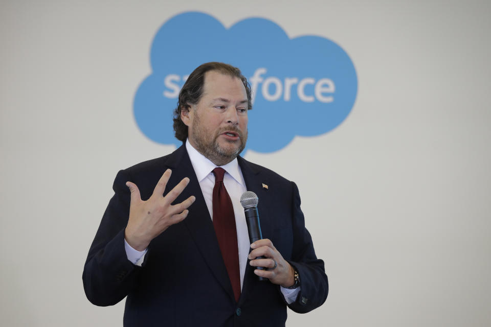 Salesforce chairman Marc Benioff speaks during a news conference, Thursday, May 16, 2019, in Indianapolis. The business software company said it aims to provide skills training to 500,000 people as part of a Trump administration push to boost career opportunities among Americans. (AP Photo/Darron Cummings)