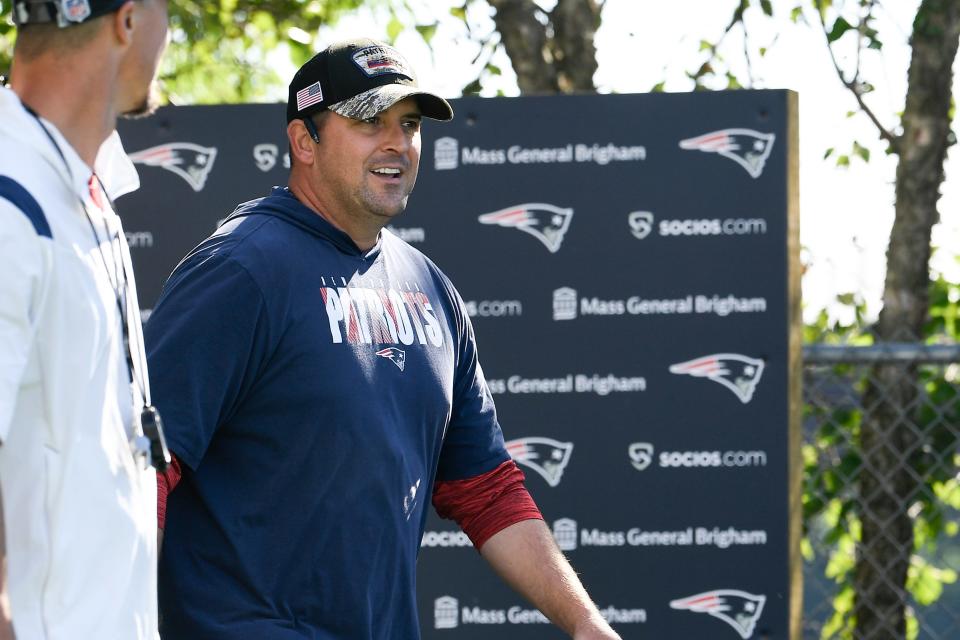 Jul 30, 2022; Foxborough, MA, USA; New England Patriots offensive assistant Joe Judge walks to the practice field at the Patriots training camp at Gillette Stadium. Mandatory Credit: Eric Canha-USA TODAY Sports