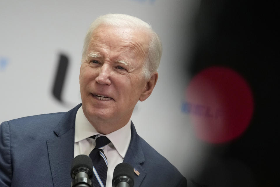 President Joe Biden makes a speech about Northern Ireland's vast economic potential at the Ulster University's new campus in Belfast, Northern Ireland, Wednesday, April 12, 2023. President Biden is in Northern Ireland on Wednesday to participate in marking the 25th anniversary of the Good Friday Agreement, which brought peace to this part of the United Kingdom, as a new political crisis tests the strength of that peace.(AP Photo/Christophe Ena)