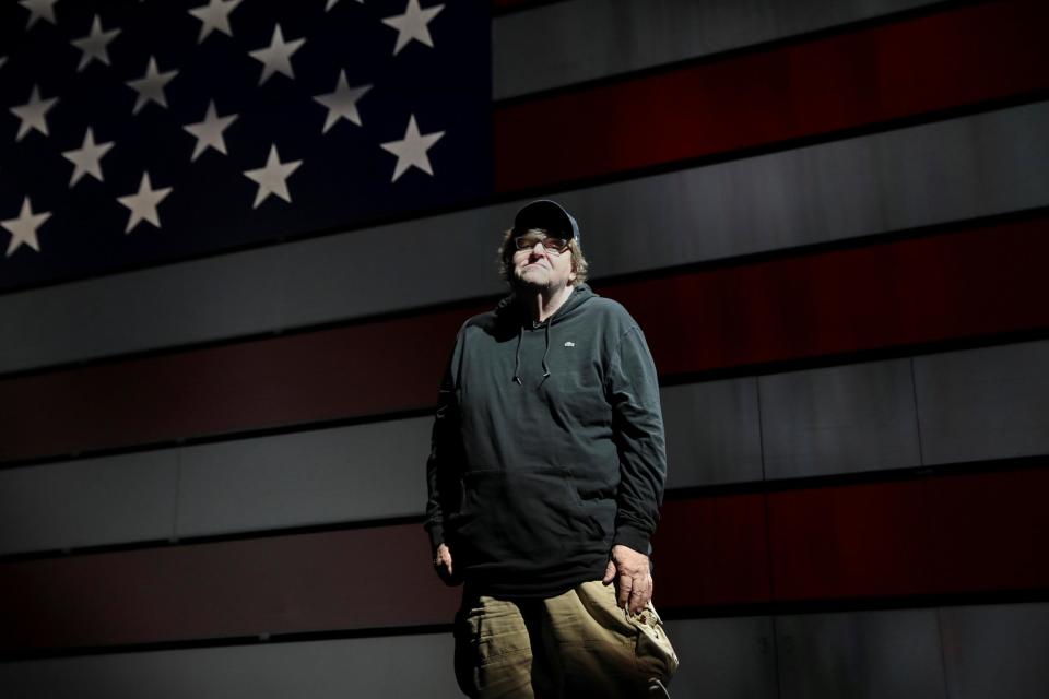 Michael Moore poses for a portrait at the site of his one-man Broadway show at the Belasco Theatre in Manhattan: Reuters