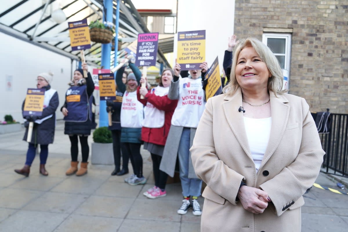 6 February 2023: Royal College of Nursing (RCN) general secretary Pat Cullen on the picket line outside Great Ormond Street Hospital in London during a strike by nurses and ambulance staff (PA)