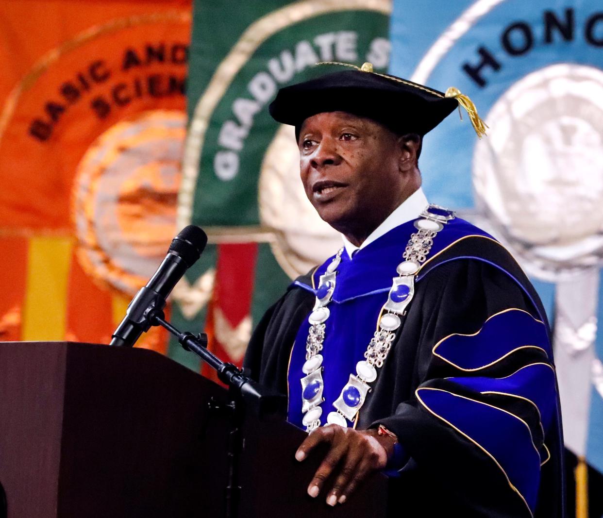 MTSU President Sidney McPhee address the graduates during MTSU’s 2024 Spring Commencement ceremony at Murphy Center, on Saturday, May 4, 2024.