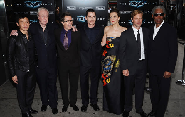 Chin Han at the premiere of Dark Night with actors Michael Caine, Gary Oldman, Christian Bale, Maggie Gyllenhaal, Aaron Eckhart and Morgan Freeman (Getty Images)