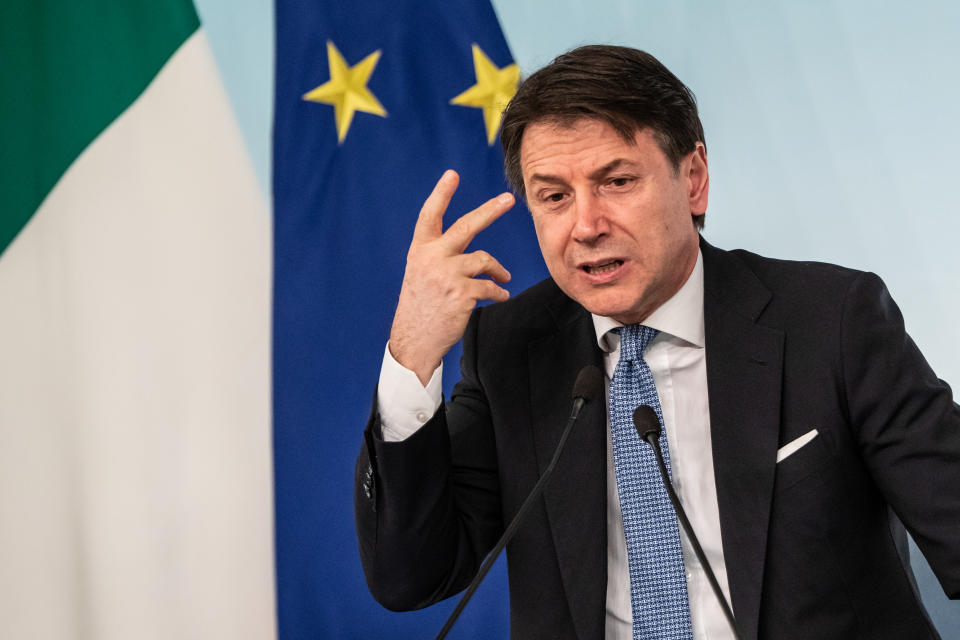 Prime Minister Giuseppe Conte speaks during a press conference at Palazzo Chigi after the Council of Ministers meeting. (Photo by Cosimo Martemucci / SOPA Images/Sipa USA)