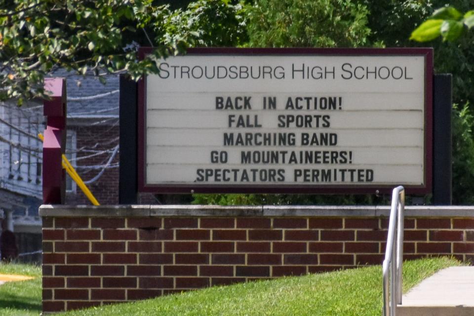 Stroudsburg High School welcomes student-athletes back to fall sports with the sign in front of the school along Main Street in Stroudsburg.