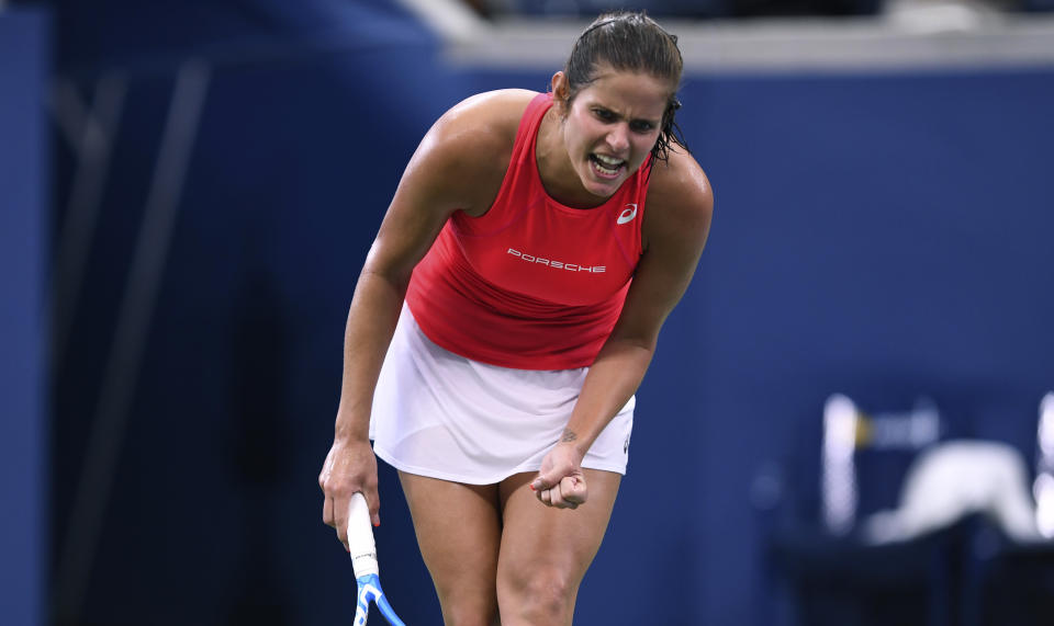 Julia Goerges, of Germany, reacts during her match againsts Donna Vekic, of Croatia, during the fourth round of the US Open tennis championships Monday, Sept. 2, 2019, in New York. (AP Photo/Sarah Stier)