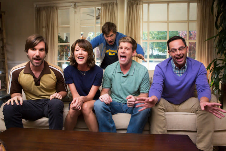 (L-R) Jonathan Lajoie as Taco, Katie Aselton as Jenny, Mark Duplass as Pete, Stephen Rannazzisi as Kevin, Nick Kroll as Ruxin in The League