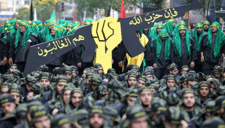 Hezbollah members are seen during Ashura commemorations in southern Beirut in October 2016