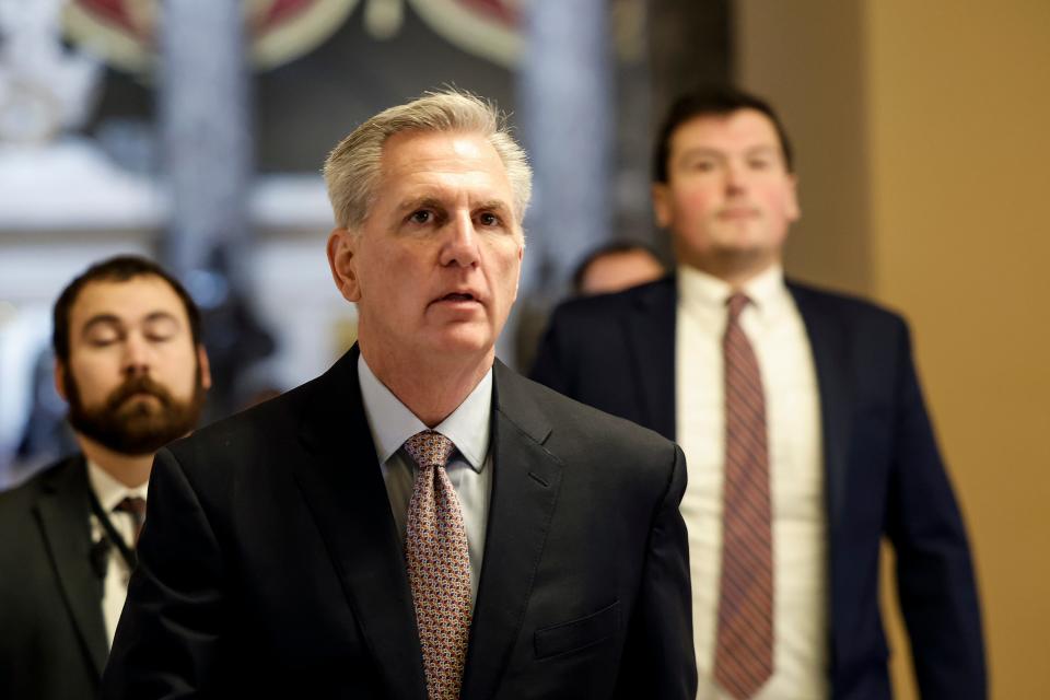 Speaker of the House Kevin McCarthy, R-Calif, walks to open floor of the House Chambers in the U.S. Capitol Building on January 30, 2023 in Washington. McCarthy will meet with President Joe Biden at the White House on Wednesday.