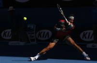 Rafael Nadal of Spain hits a return to Grigor Dimitrov of Bulgaria during their men's singles quarter-final tennis match at the Australian Open 2014 tennis tournament in Melbourne January 22, 2014. REUTERS/Bobby Yip