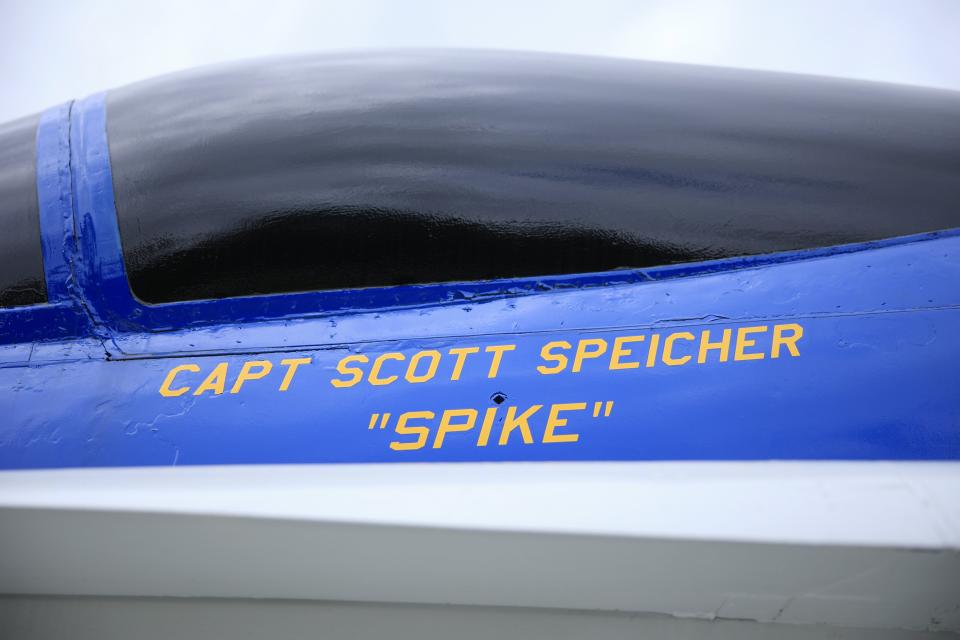 An F/A-18 Hornet fighter jet dedicated to Navy  Capt. Scott Speicher is shown with his cockpit labeled at the National POW/MIA Memorial & Museum. The Cecil Field-based pilot was shot down during the Gulf War.