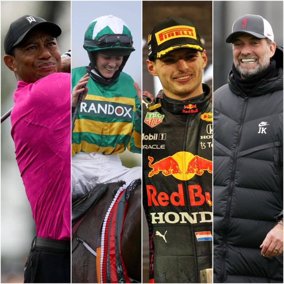 Tiger Woods, Rachael Blackmore, Max Verstappen and Jurgen Klopp (Matt Slocum/AP/Tim Goode/PA Wire/Peter Byrne/PA)