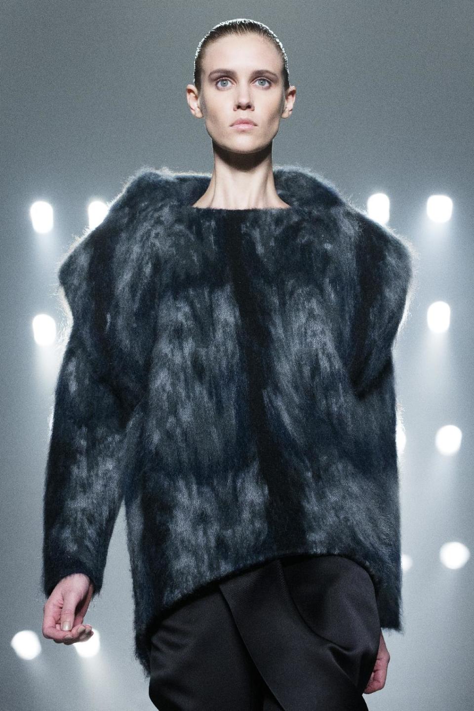 A model walks the runway during the Alexander Wang Fall 2013 fashion show during Fashion Week, Saturday, Feb. 9, 2013, in New York. (AP Photo/John Minchillo)